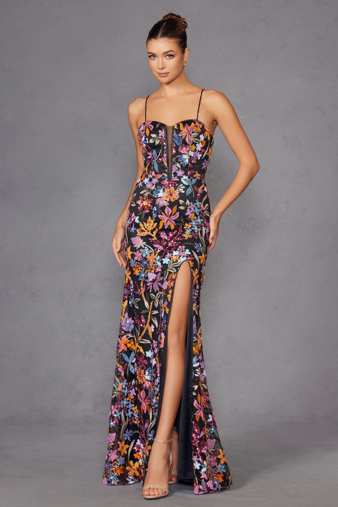 Sequin Print Sleeveless Slit Gown by Juliet JT2498A