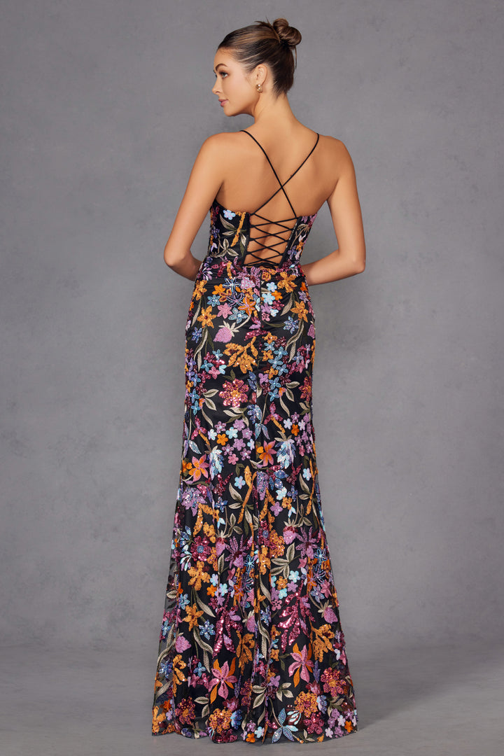 Sequin Print Sleeveless Slit Gown by Juliet JT2498A