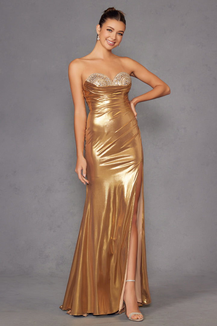 Beaded Metallic Strapless Slit Gown by Juliet JT2501A