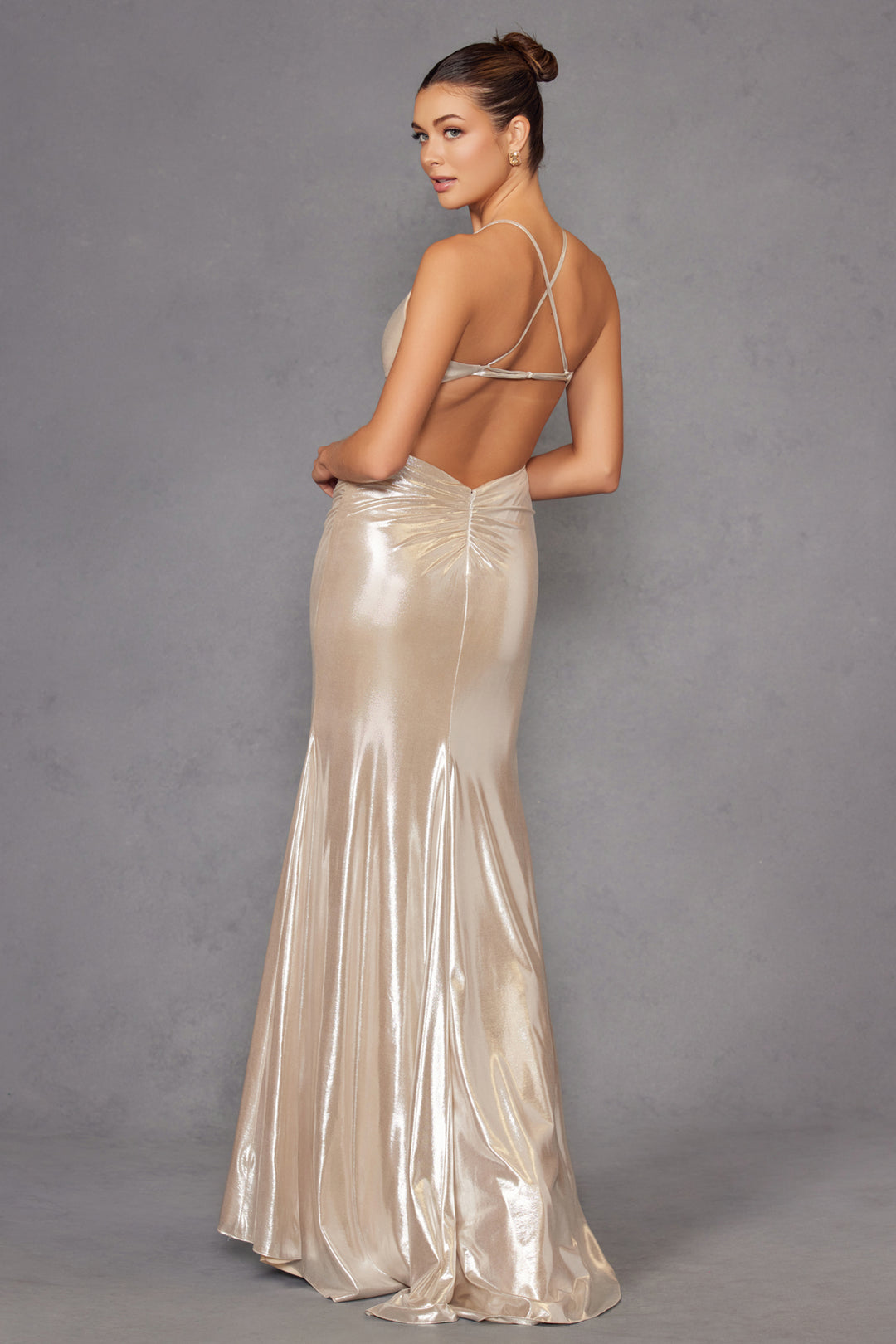 Metallic Fitted V-Neck Slit Gown by Juliet JT2502A