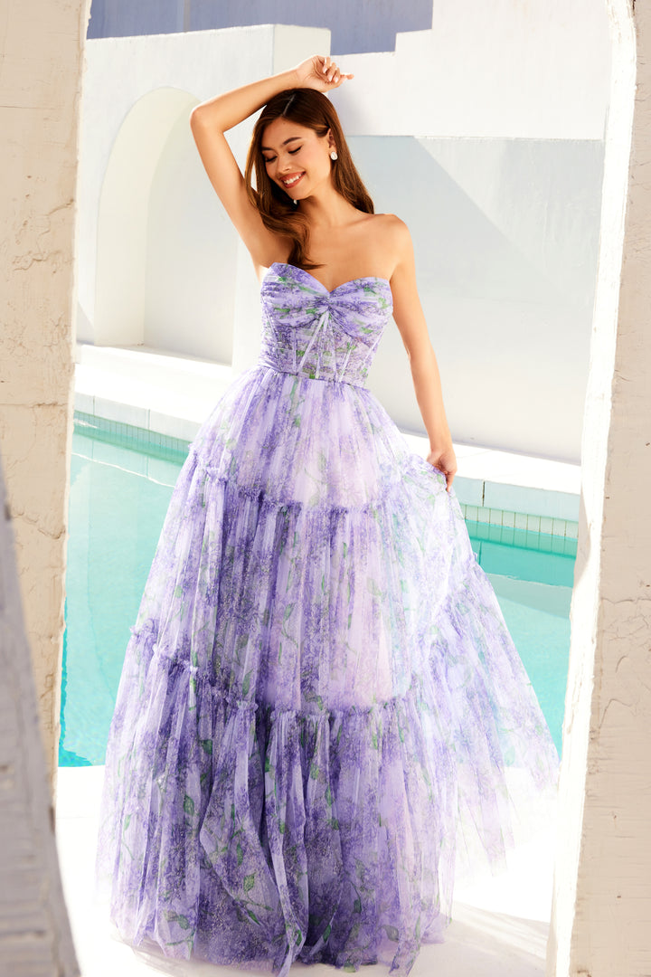 Print Strapless A-line Gown by Juliet JT2507A