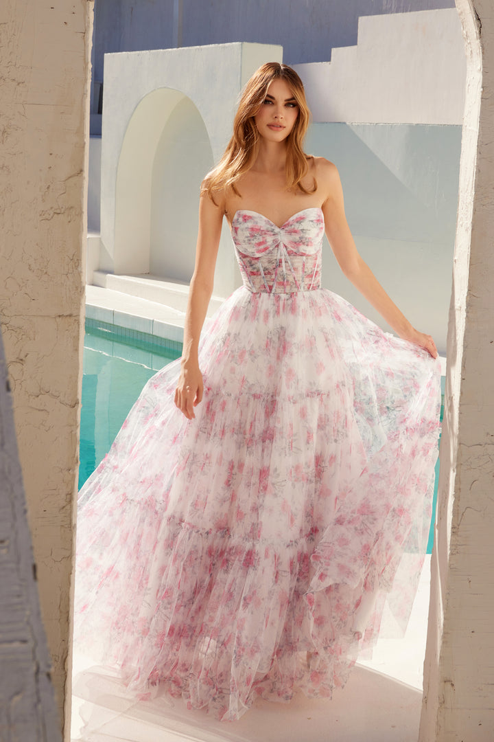 Print Strapless A-line Gown by Juliet JT2507A