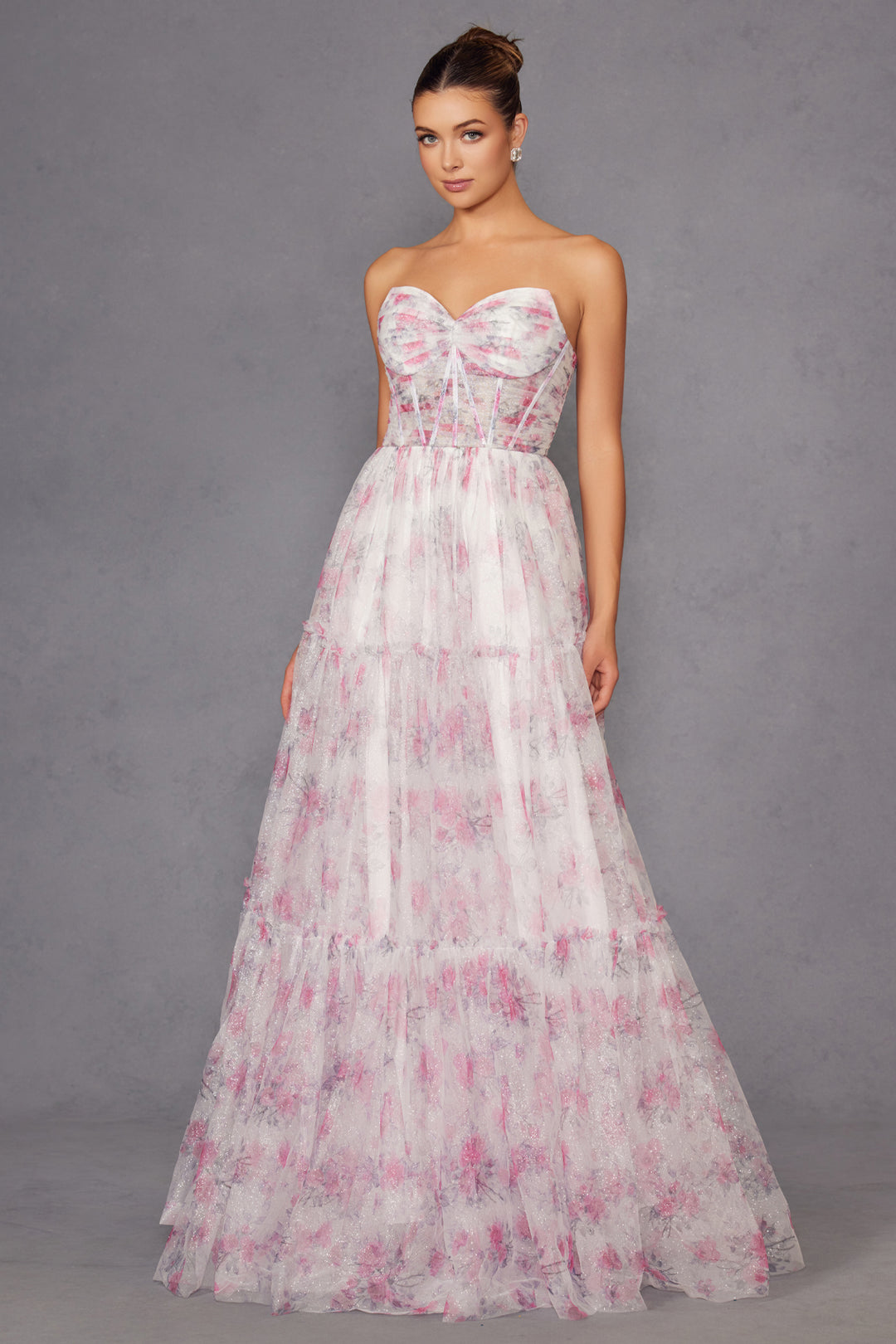 Print Strapless A-line Gown by Juliet JT2507A