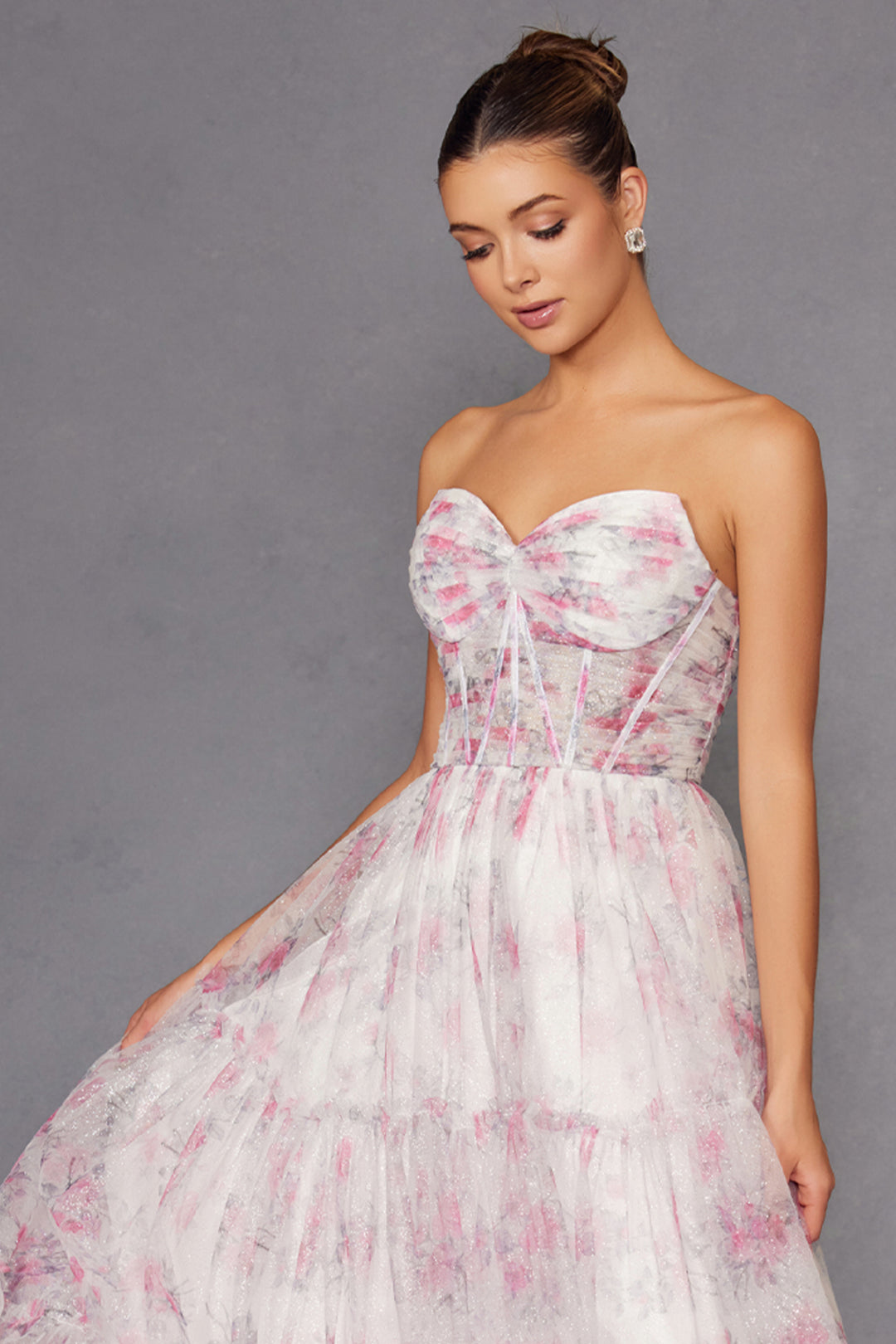 Print Strapless A-line Gown by Juliet JT2507A