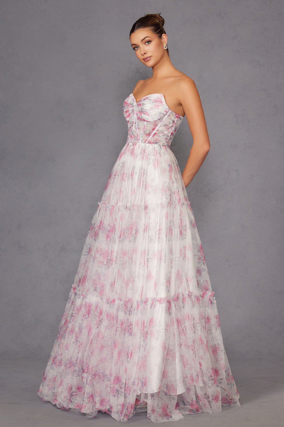 Print Strapless A-line Gown by Juliet JT2507A