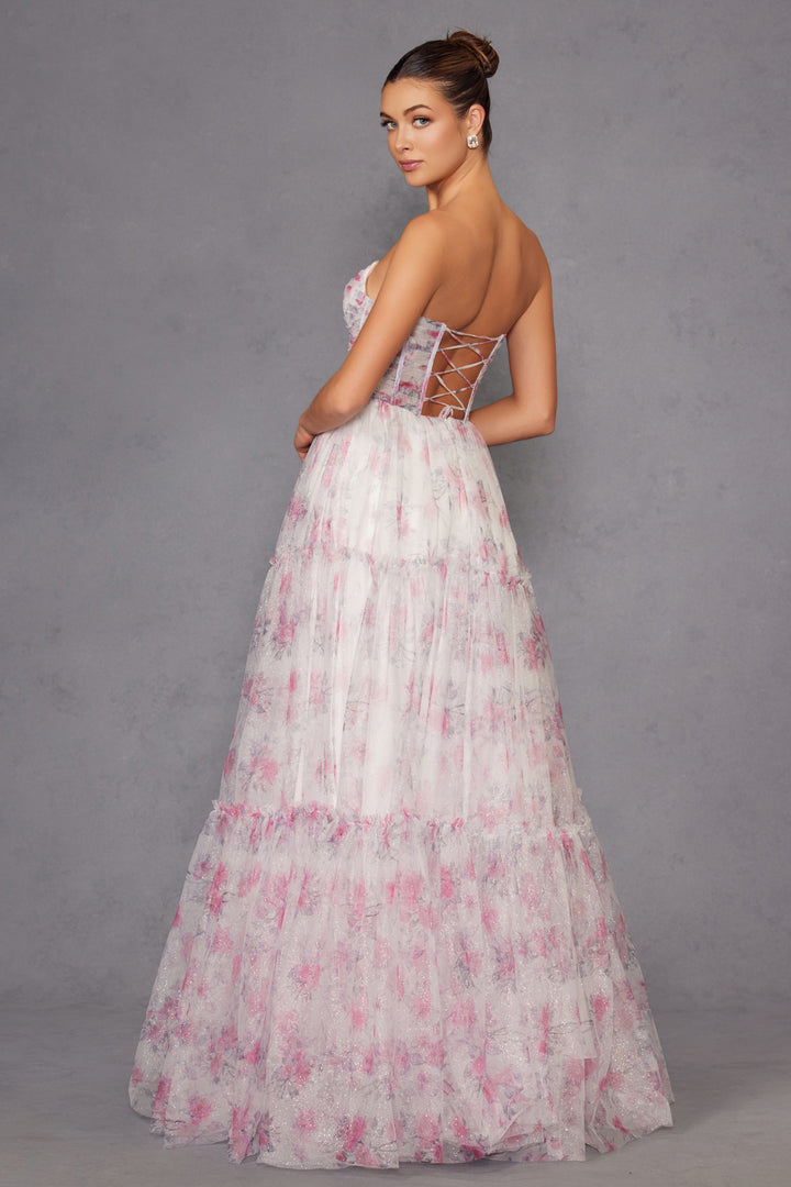 Print Strapless A-line Gown by Juliet JT2507A