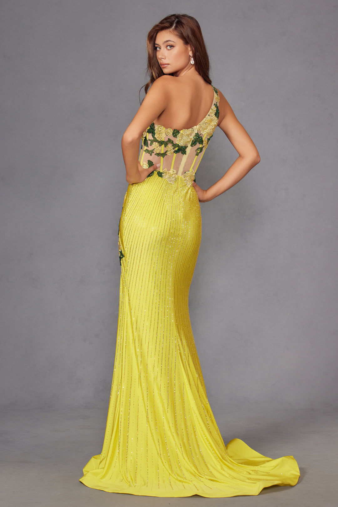 Applique One Shoulder Slit Gown by Juliet JT2514R