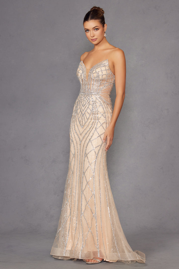 Beaded Fitted Strapless Gown by Juliet JT2525L