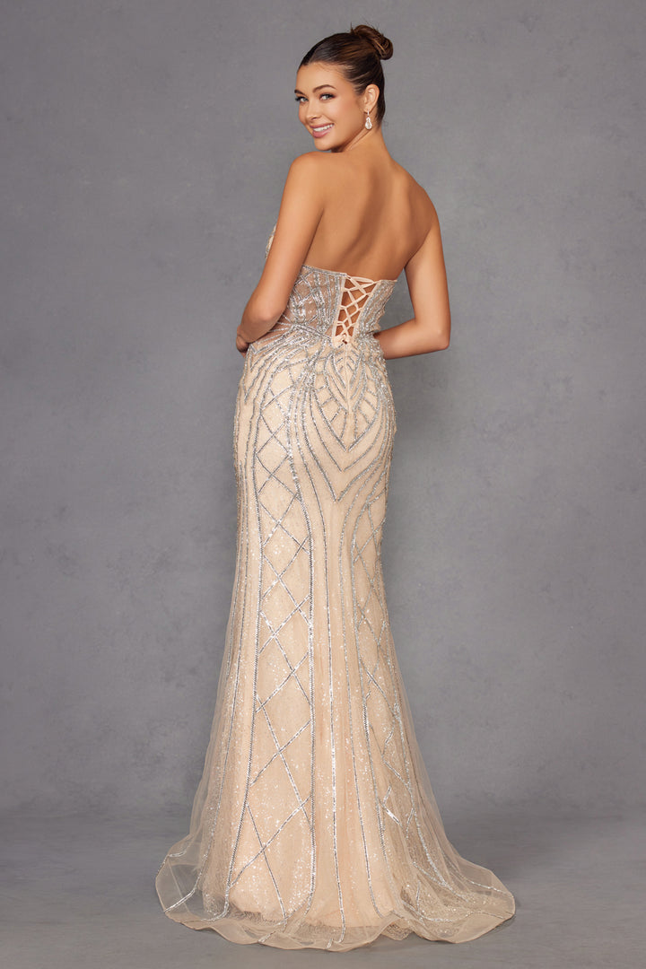 Beaded Fitted Strapless Gown by Juliet JT2525L