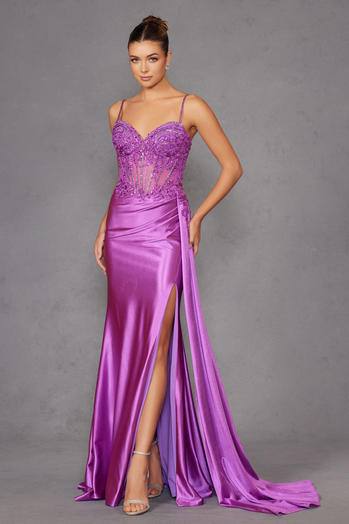 Applique Satin Sleeveless Slit Gown by Juliet JT2535K