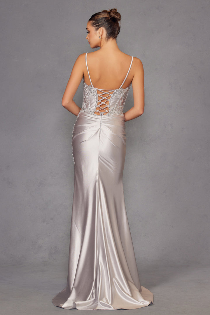 Applique Satin Strapless Slit Gown by Juliet JT2536K