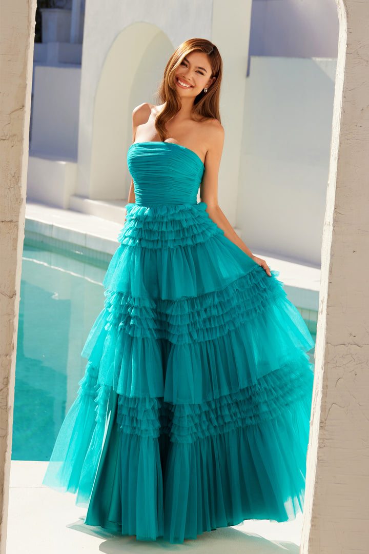 Strapless Tiered A-line Slit Gown by Juliet JT2542S