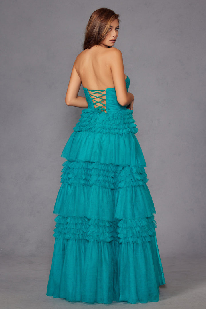 Strapless Tiered A-line Slit Gown by Juliet JT2542S