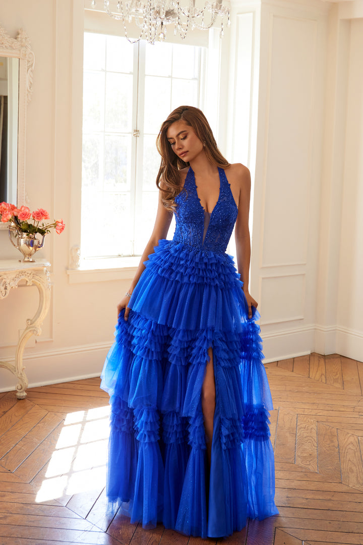 Halter Ruffled A-line Slit Gown by Juliet JT2556S