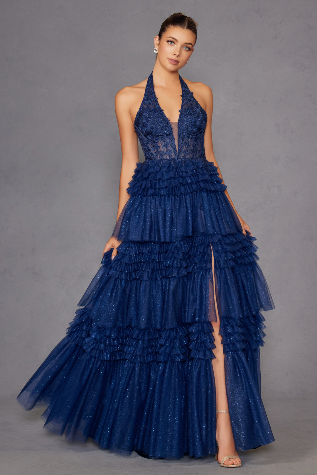 Halter Ruffled A-line Slit Gown by Juliet JT2556S