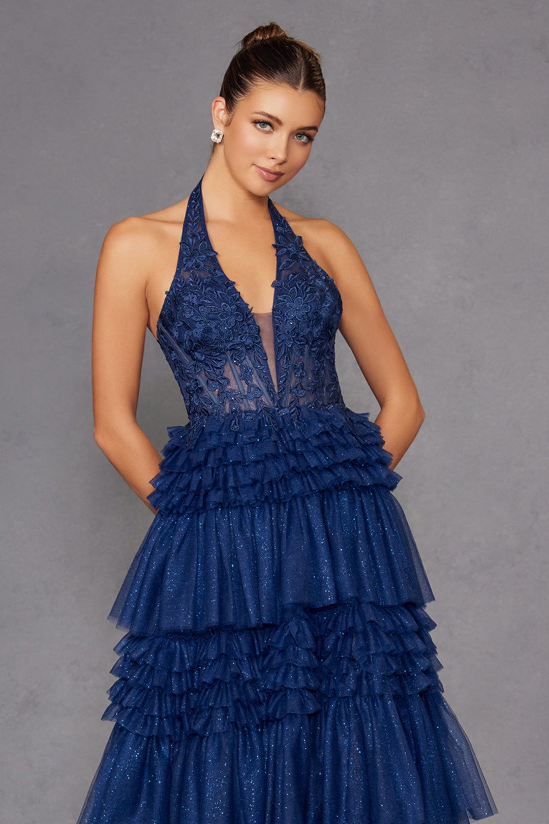 Halter Ruffled A-line Slit Gown by Juliet JT2556S