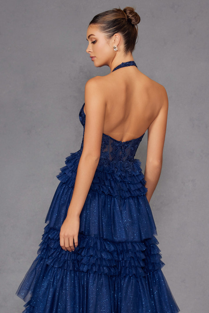 Halter Ruffled A-line Slit Gown by Juliet JT2556S