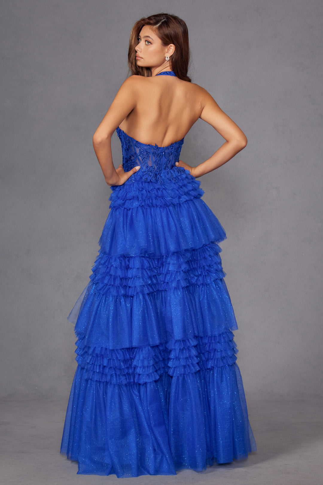 Halter Ruffled A-line Slit Gown by Juliet JT2556S