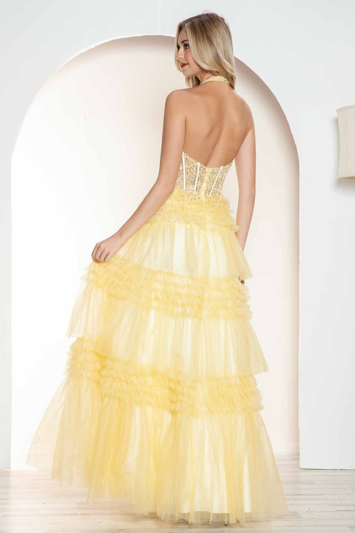 Halter Ruffled A-line Slit Gown by Juliet JT2556S