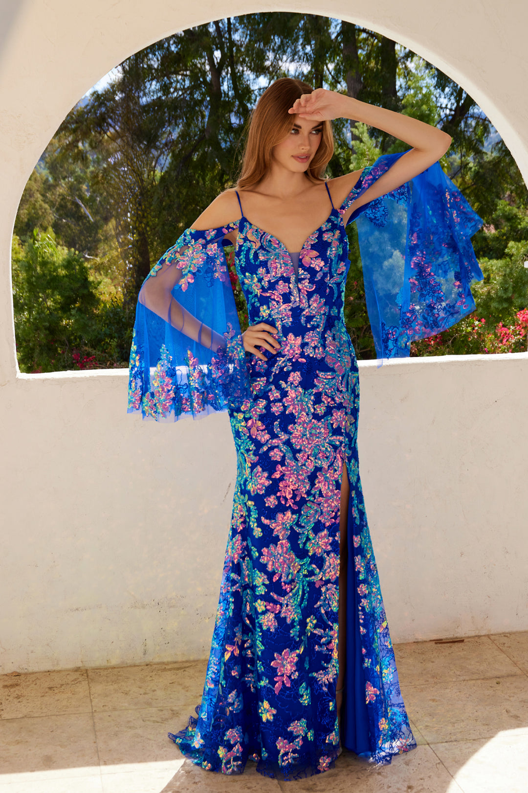 Glitter Print Cold Shoulder Slit Gown by Juliet JT2564U