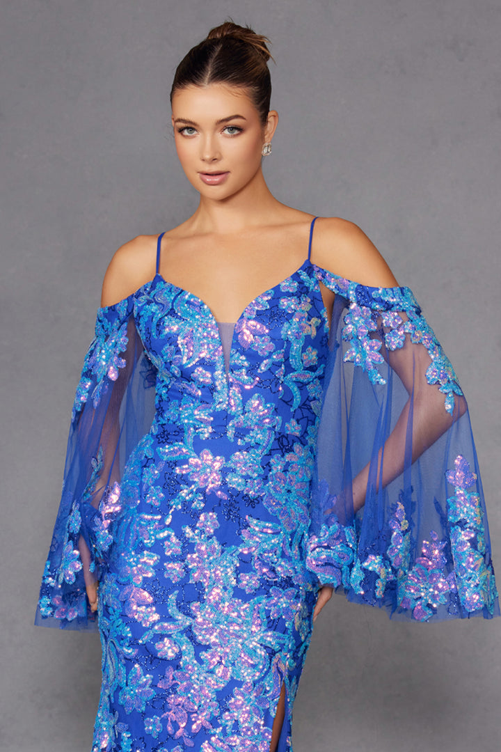 Glitter Print Cold Shoulder Slit Gown by Juliet JT2564U