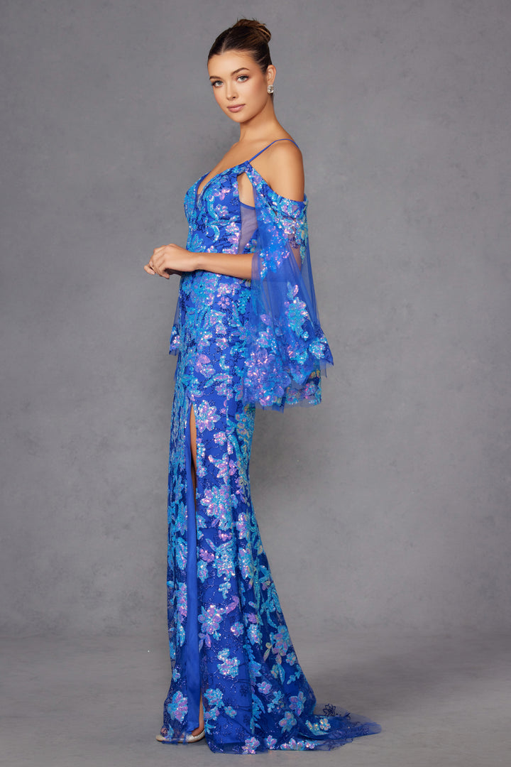 Glitter Print Cold Shoulder Slit Gown by Juliet JT2564U