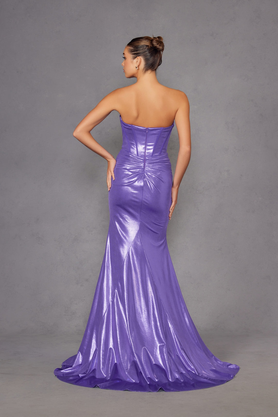 Metallic Strapless Slit Gown by Juliet JT2578H