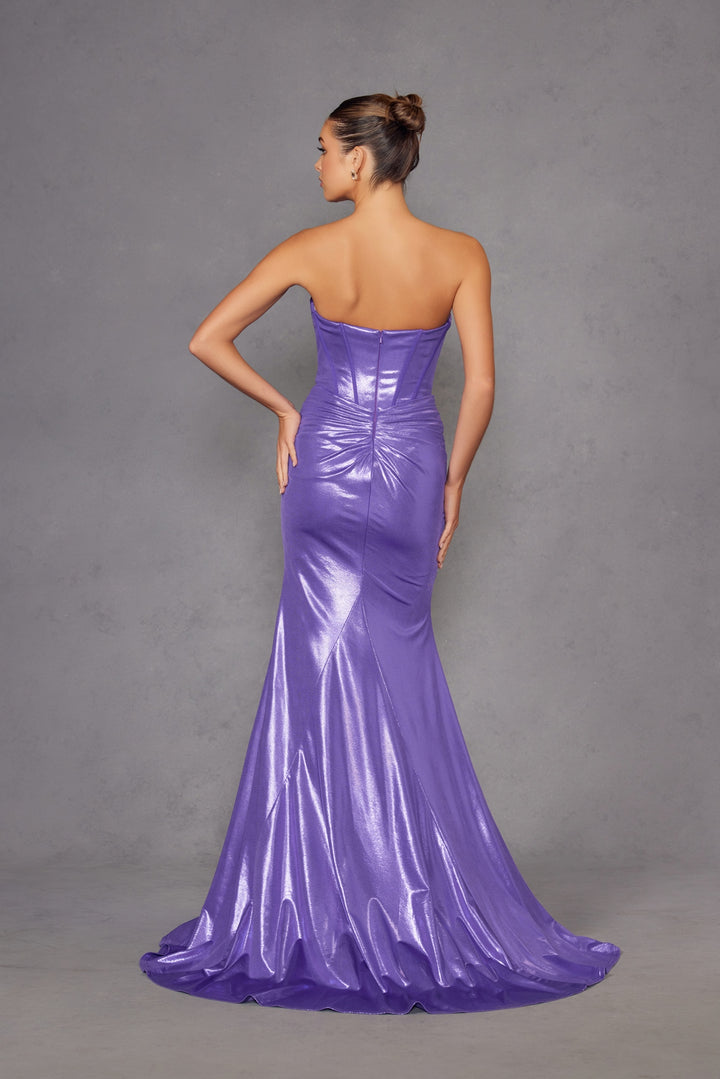 Metallic Strapless Slit Gown by Juliet JT2578H