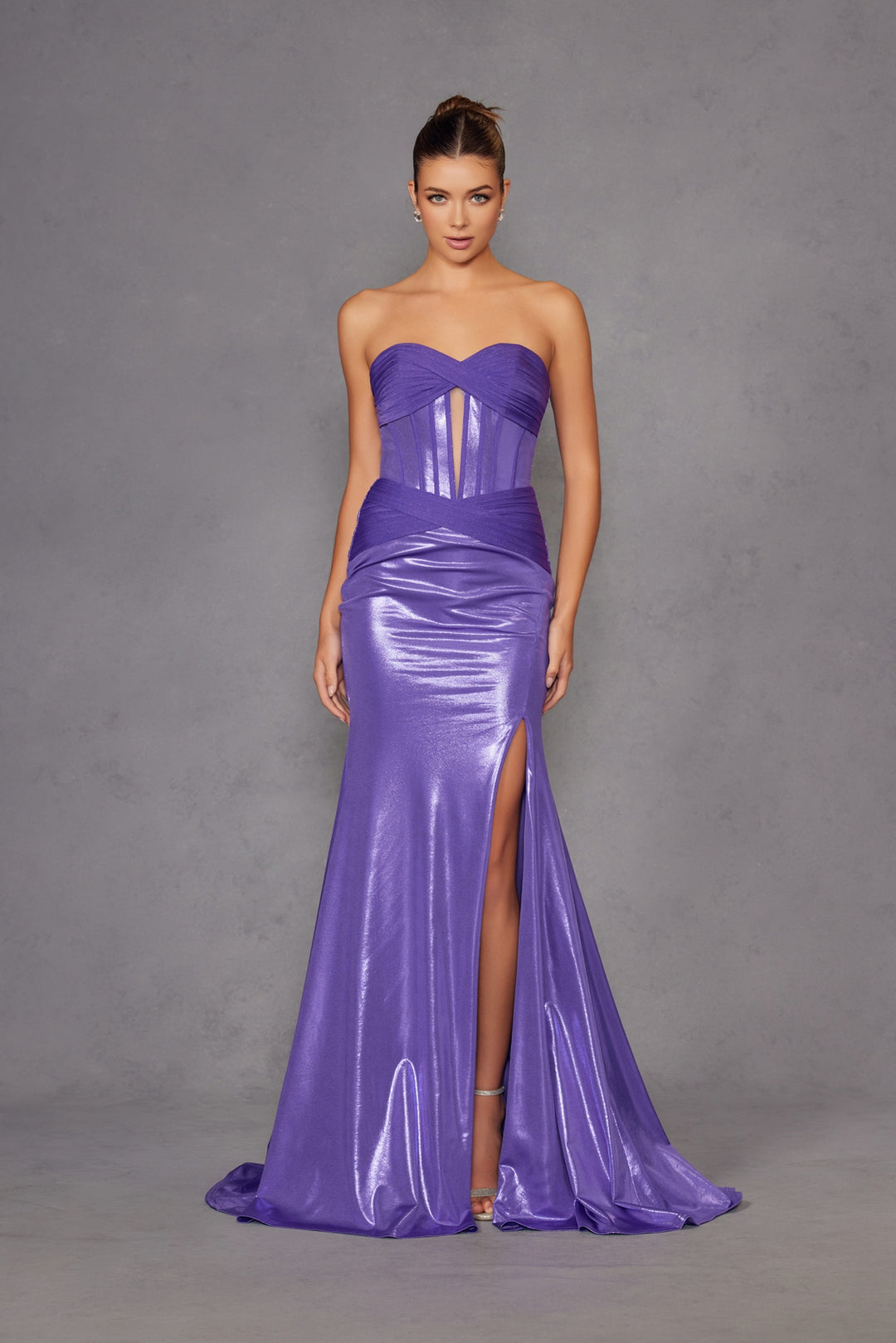 Metallic Strapless Slit Gown by Juliet JT2578H