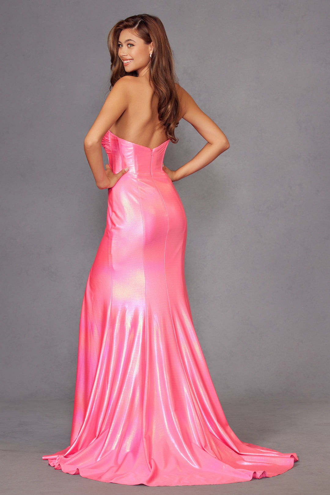 Iridescent Strapless Slit Gown by Juliet JT2579H