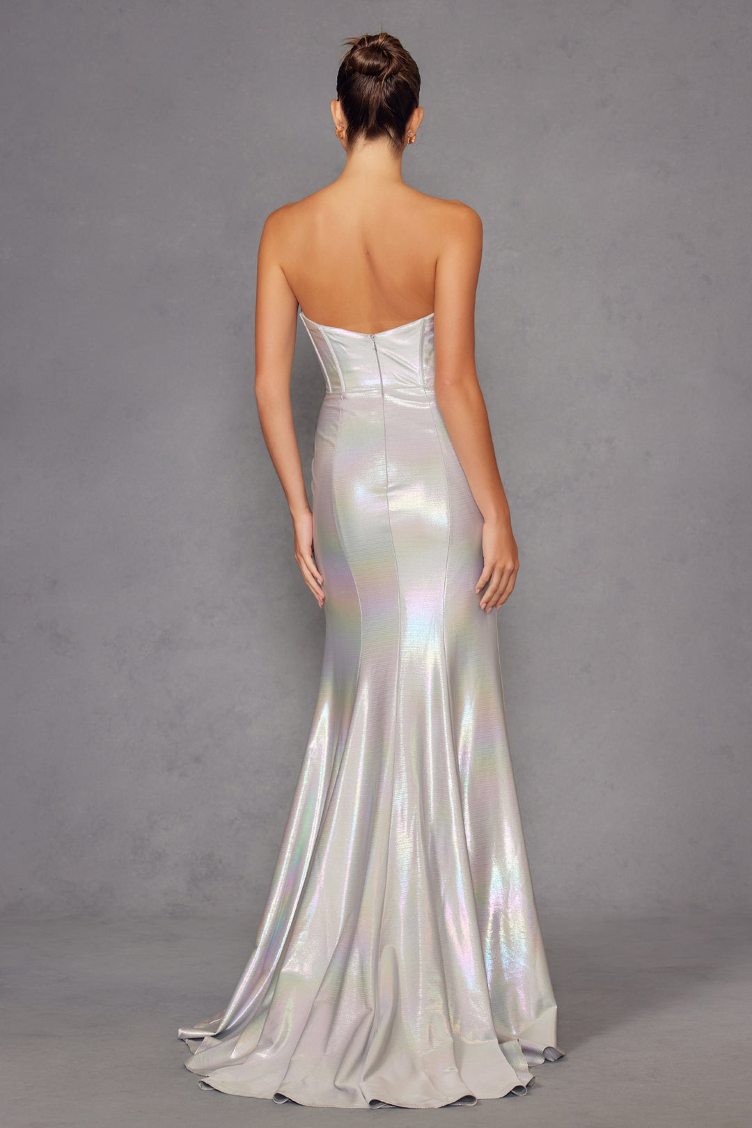 Iridescent Strapless Slit Gown by Juliet JT2579H