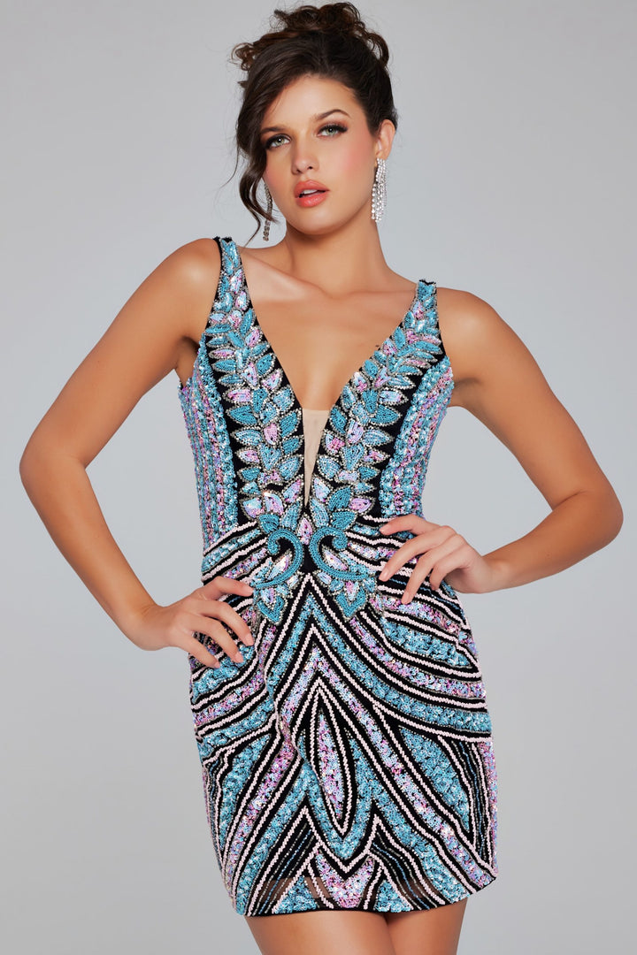 Beaded Fitted Short V-Neck Dress by Jovani 25925