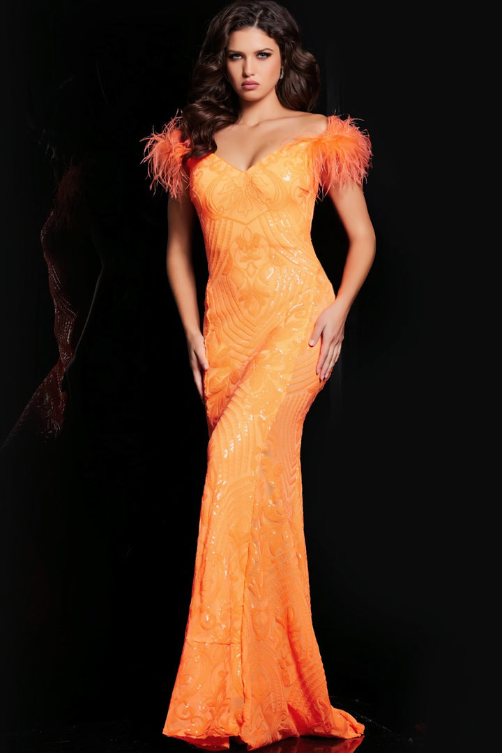 Sequin Feather Off Shoulder Gown by Jovani 26041