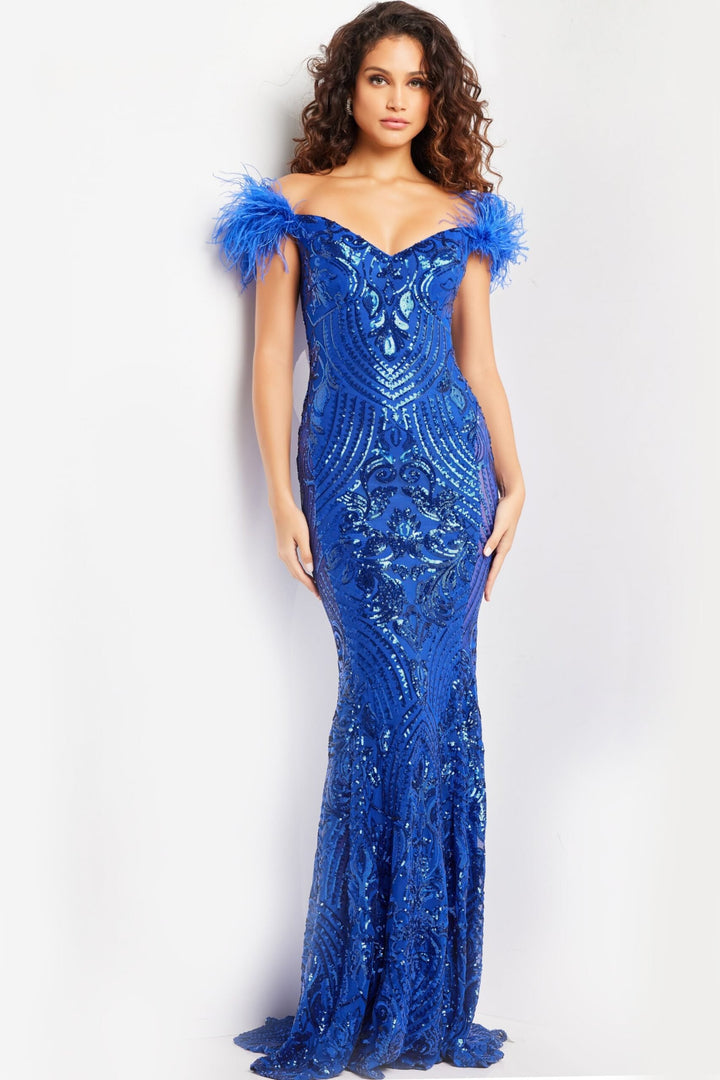 Sequin Feather Off Shoulder Gown by Jovani 26041