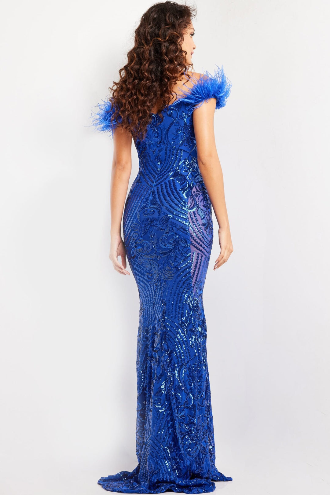 Sequin Feather Off Shoulder Gown by Jovani 26041