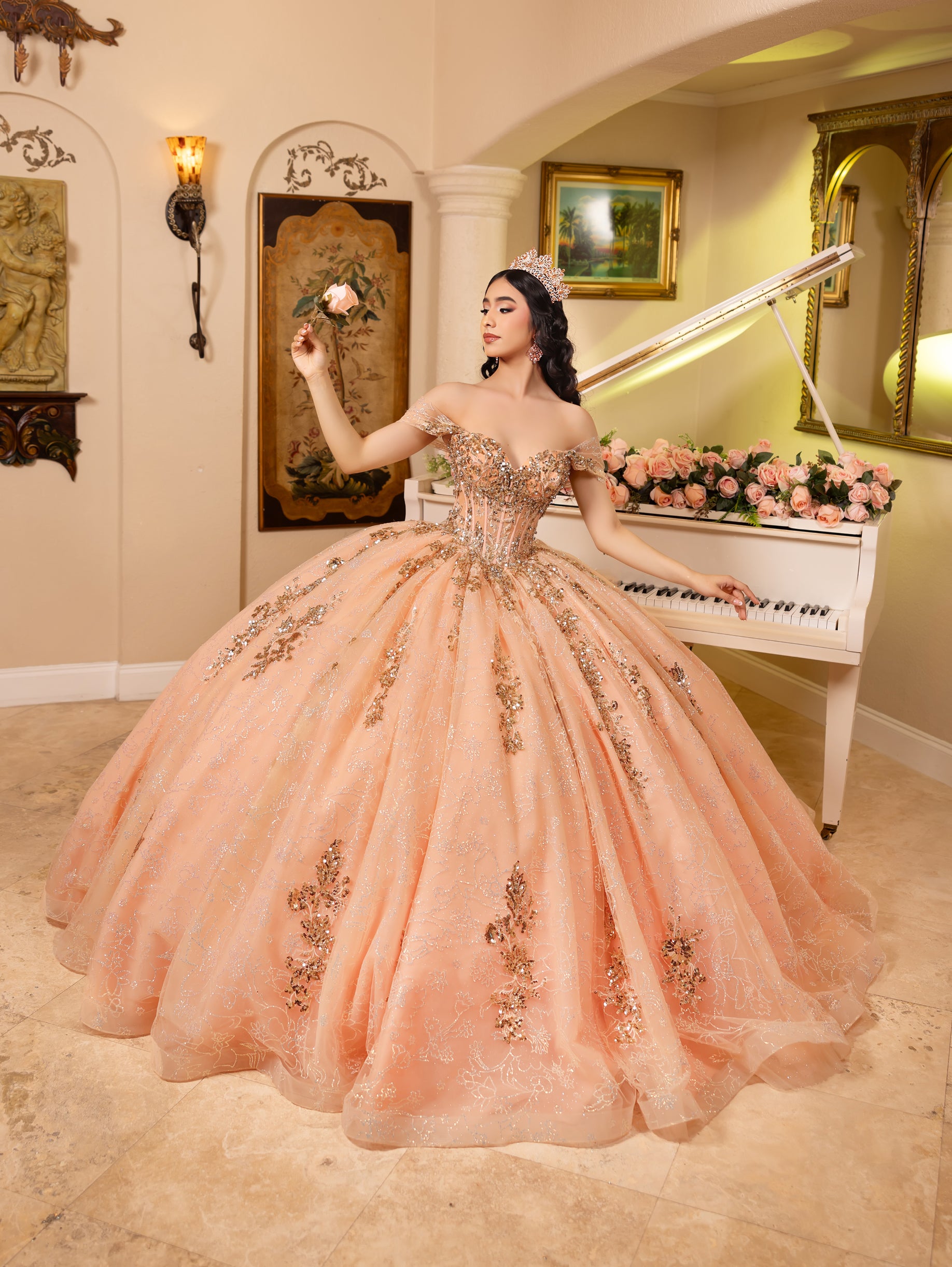 Tiered Off Shoulder Ball Gown by Lizluo Quince 26106 2 Peach