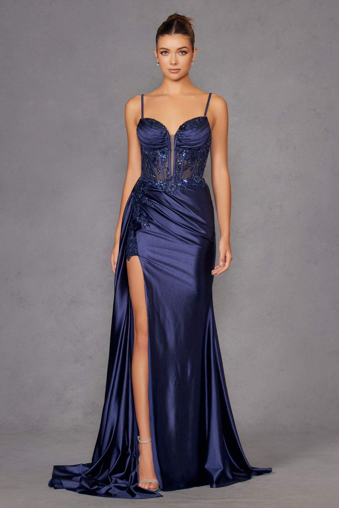 Applique Satin Sleeveless Gown by Juliet JT2905K