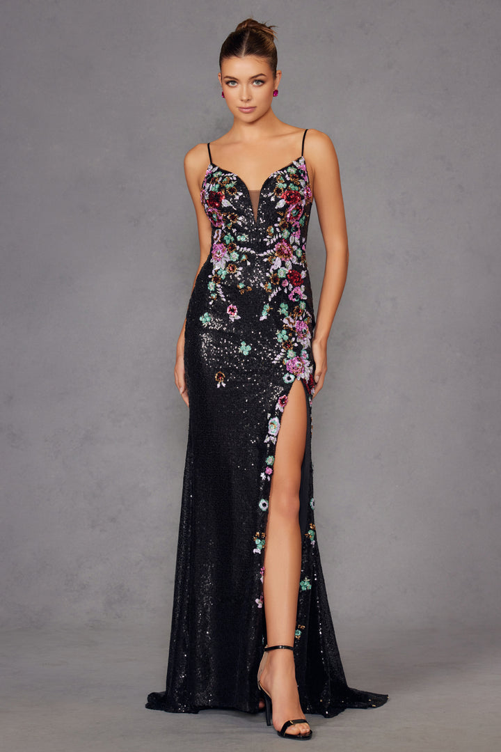 Floral Embroidered Sleeveless Slit Gown by Juliet JT2909K