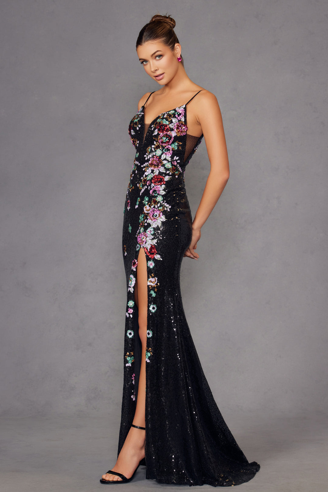 Floral Embroidered Sleeveless Slit Gown by Juliet JT2909K