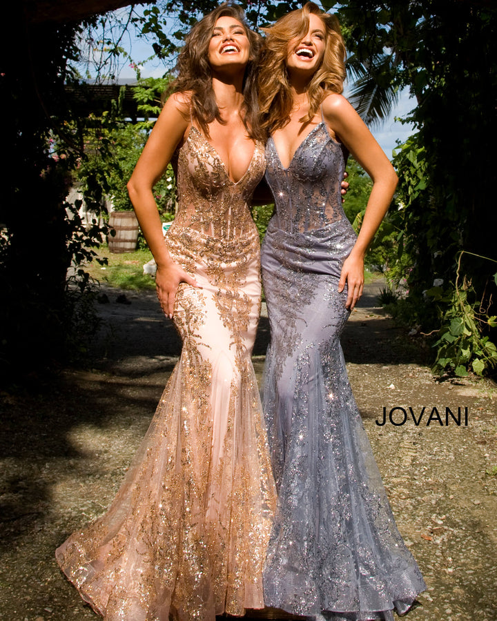 Glitter Print Fitted Sleeveless Gown by Jovani 3675