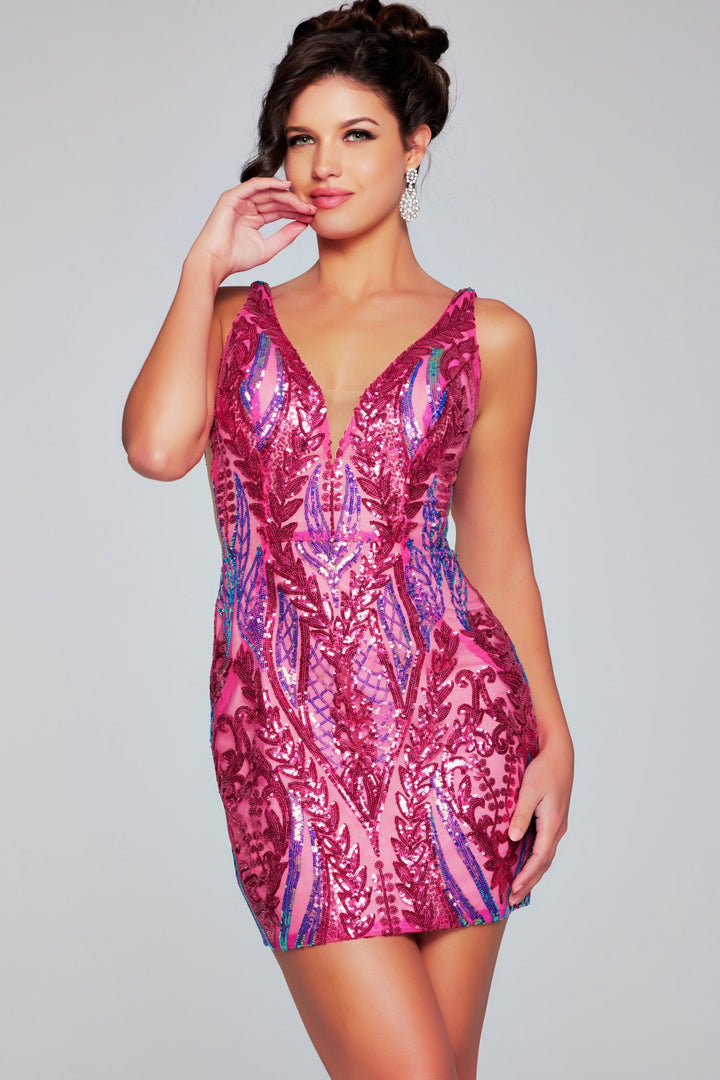 Iridescent Sequin Short V-Neck Dress by Jovani 36784