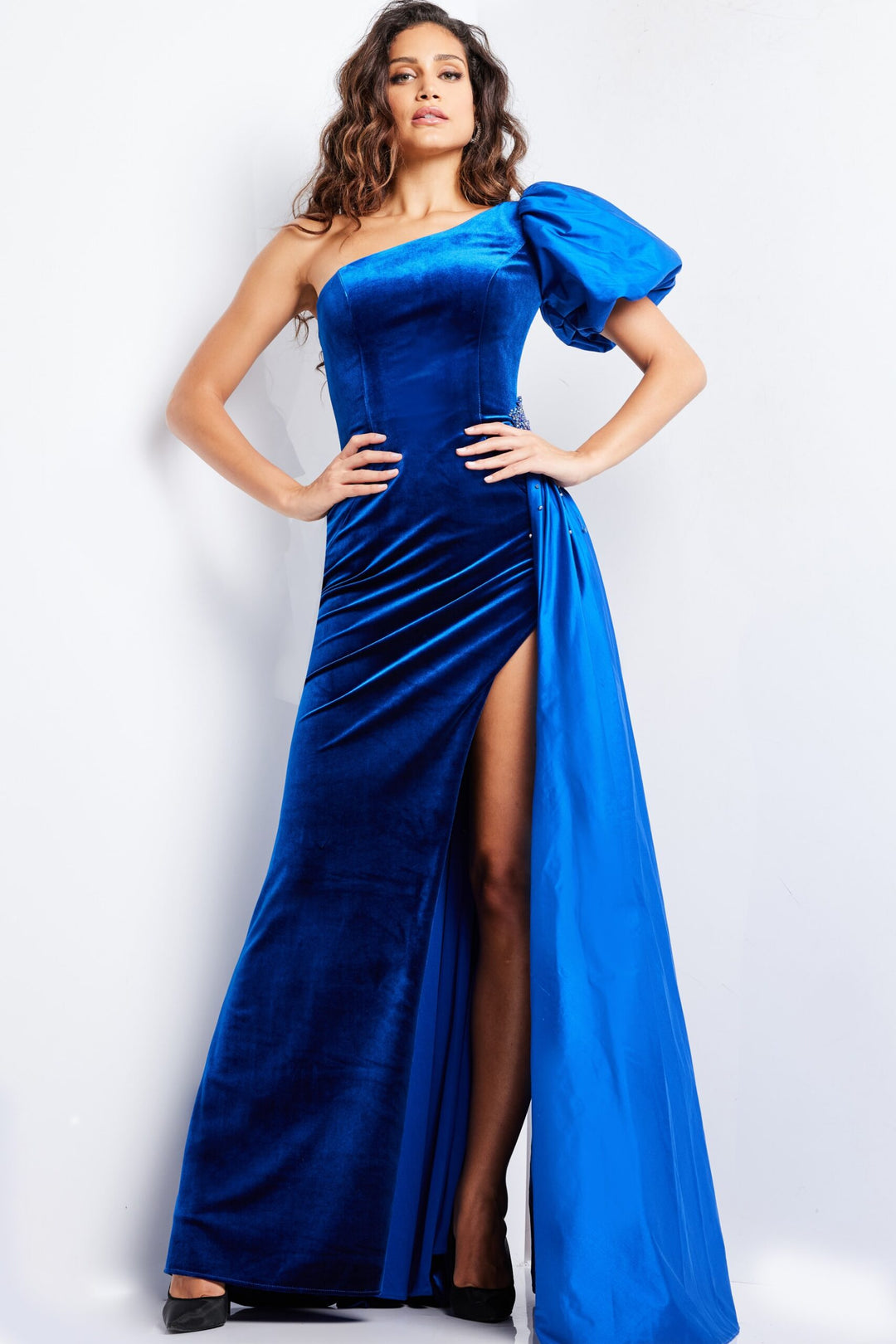 Velvet Fitted One Shoulder Slit Gown by Jovani 36878