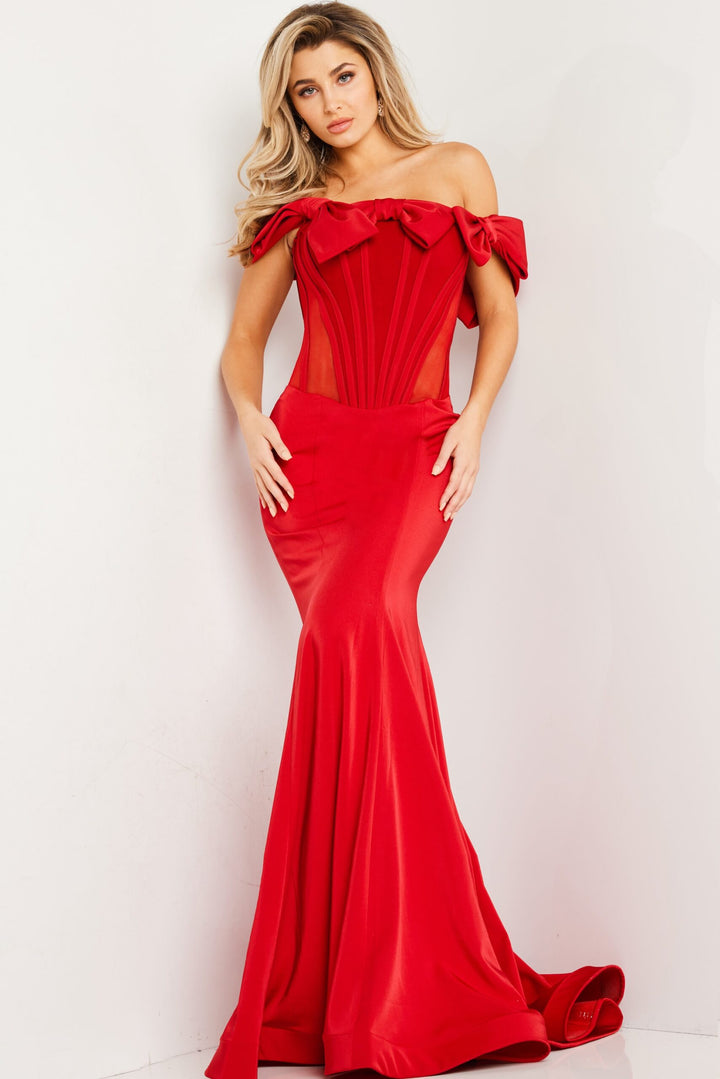 Satin Fitted Off Shoulder Gown by Jovani 37225