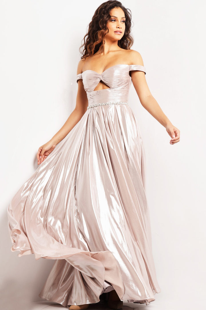 Metallic Off Shoulder A-line Slit Gown by Jovani 37381