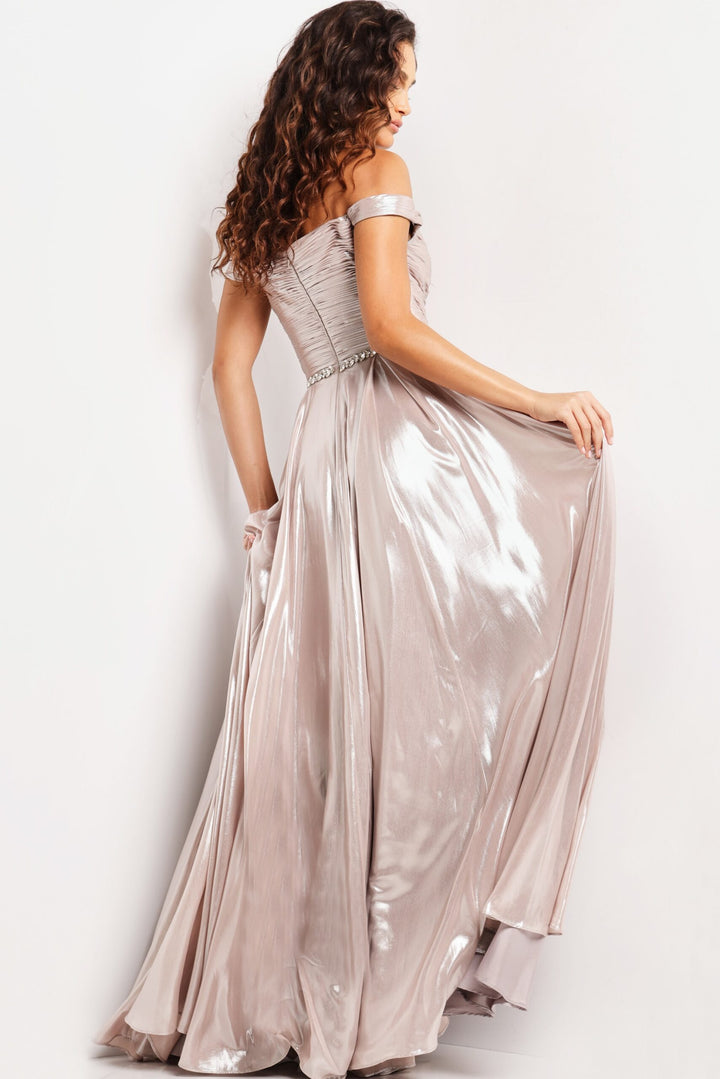 Metallic Off Shoulder A-line Slit Gown by Jovani 37381