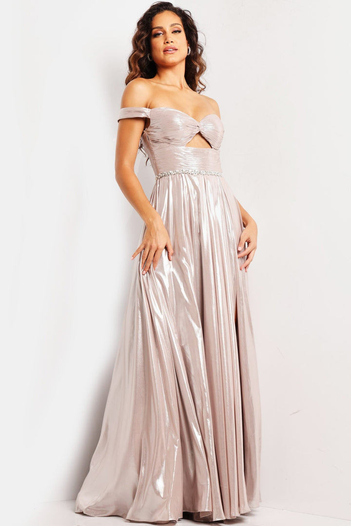 Metallic Off Shoulder A-line Slit Gown by Jovani 37381