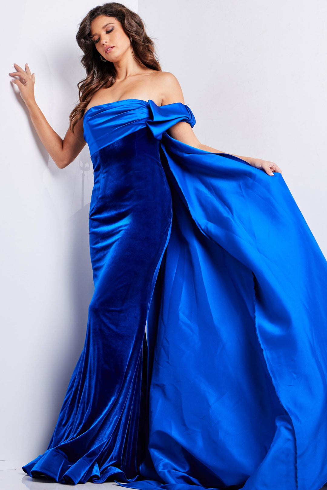 Velvet Fitted Off Shoulder Gown by Jovani 37390