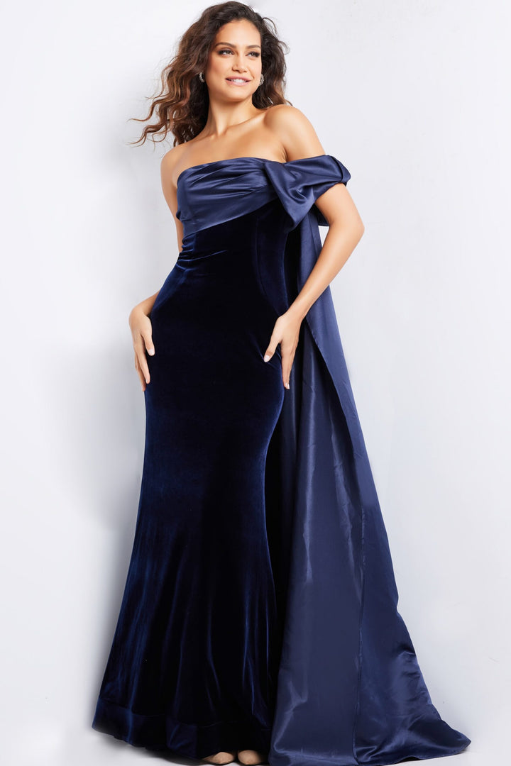 Satin Velvet Off Shoulder A-line Gown by Jovani 37391