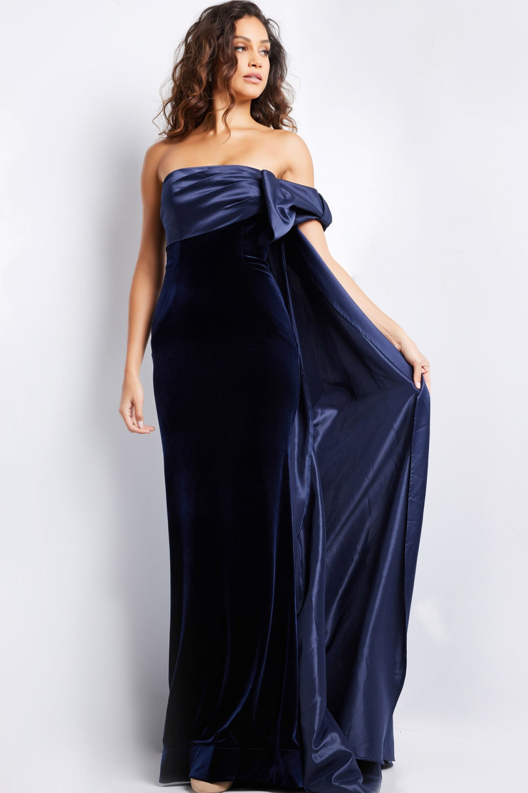 Satin Velvet Off Shoulder A-line Gown by Jovani 37391