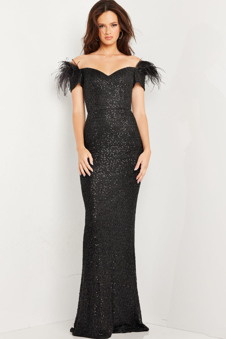 Sequin Feather Fitted Short Sleeve Gown by Jovani 37562